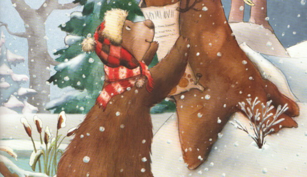 Ein heimlicher Weihnachtsgast - Der Bär läd ein mit einem Zettel am Baum