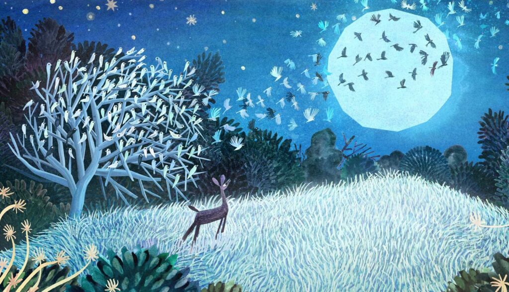 Leben - Waldlichtung bei Nacht mit Tieren in Blautönen