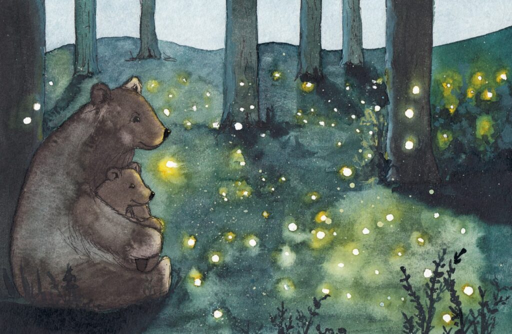 Linus im Herbst - Glühwürmchen in der Abenddämmerung beobachtet von zwei Bären